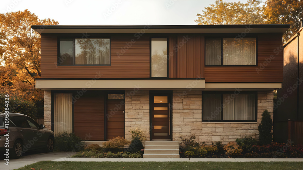 Obraz premium Modern Brown Wooden House with Stone Facade - Photo