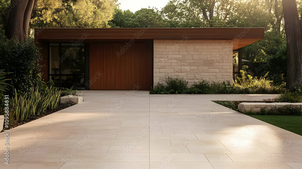 Modern Home with Stone Facade and Patio Illustration Modern Home with Stone Facade and Patio Illustration