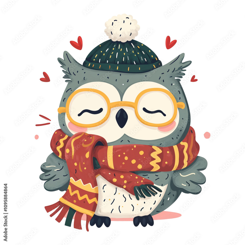 Fototapeta premium Cute Owl in Winter Hat and Scarf Illustration