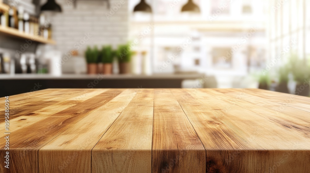 Empty beautiful wood tabletop counter on interior in clean and kitchen with bokeh bright background. Ready for display, product montage. Empty beautiful wood tabletop counter on interior in clean and kitchen with bokeh bright background. Ready for display, product montage.