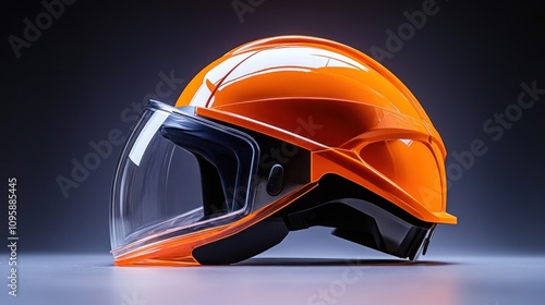 A bright orange safety helmet with a clear visor, designed for protective use. photo