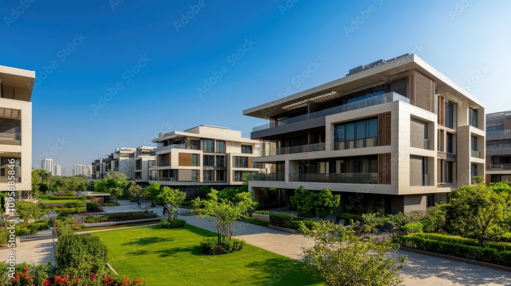 Modern Residential Complex Under Clear Blue Sky Modern Residential Complex Under Clear Blue Sky