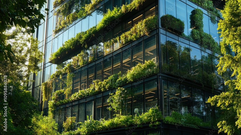 Modern Glass Office Building Surrounded by Greenery Modern Glass Office Building Surrounded by Greenery