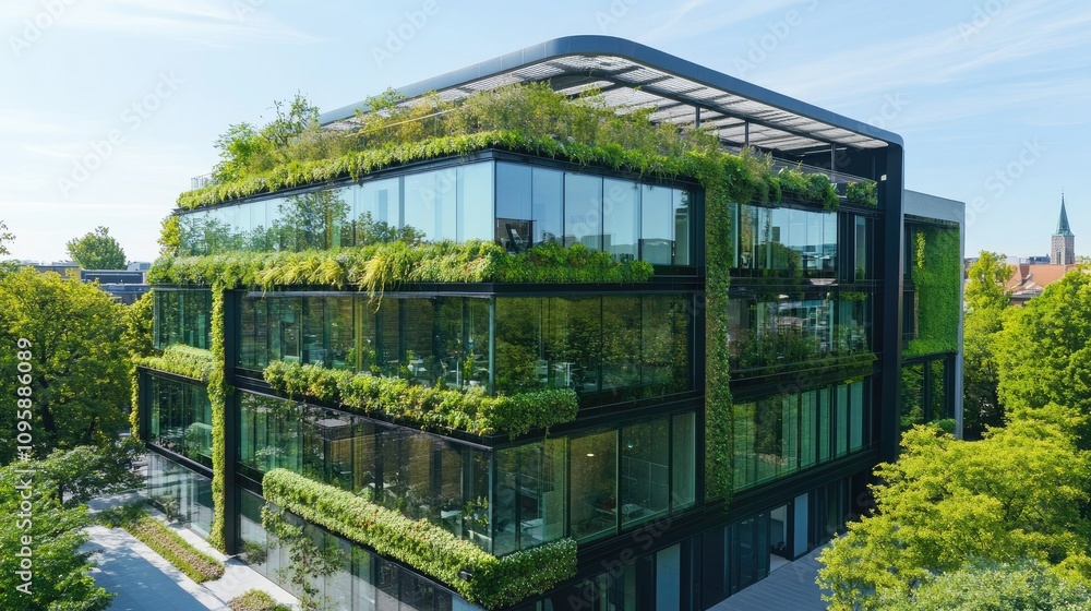 Modern Glass Office Building Surrounded by Greenery Modern Glass Office Building Surrounded by Greenery