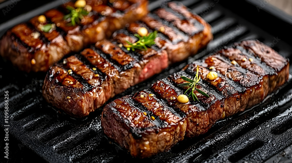 Grilled Steak on Cast Iron Grill - Realistic Image Grilled Steak on Cast Iron Grill - Realistic Image