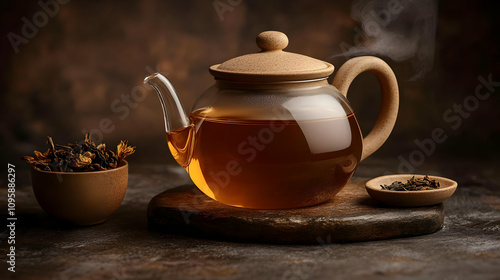 Steaming Glass Teapot with Dried Tea Leaves - Realistic Image