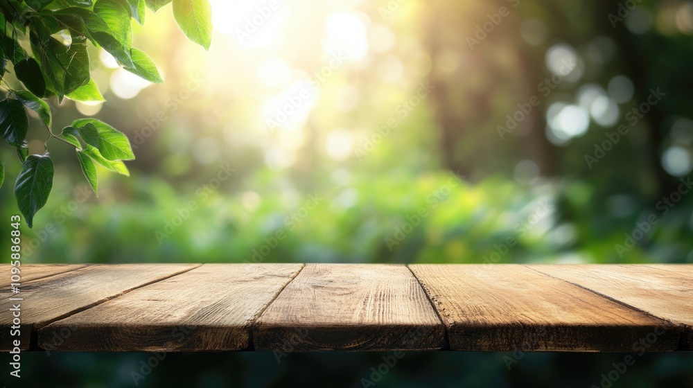 Wooden table on green summer park background and a blur effect in the background. Wooden table on green summer park background and a blur effect in the background.