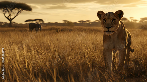 Lioness in Grassland at Sunset - Realistic Image photo