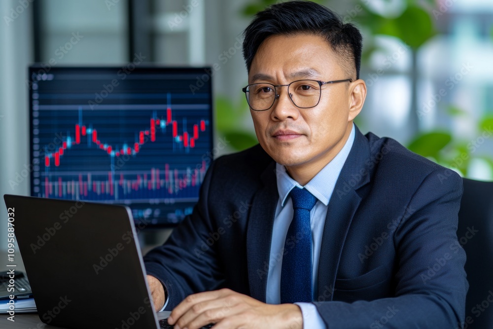 A business strategist reviewing market growth trends and financial plans for 2025. He calculates long-term investments using a mix of digital tools, including a laptop and projected graphs, A business strategist reviewing market growth trends and financial plans for 2025. He calculates long-term investments using a mix of digital tools, including a laptop and projected graphs,