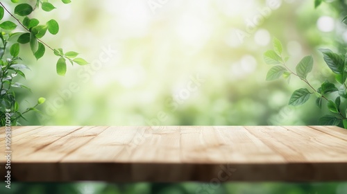 Fototapeta Naklejka Na Ścianę i Meble -  Wooden table on green summer park background and a blur effect in the background.