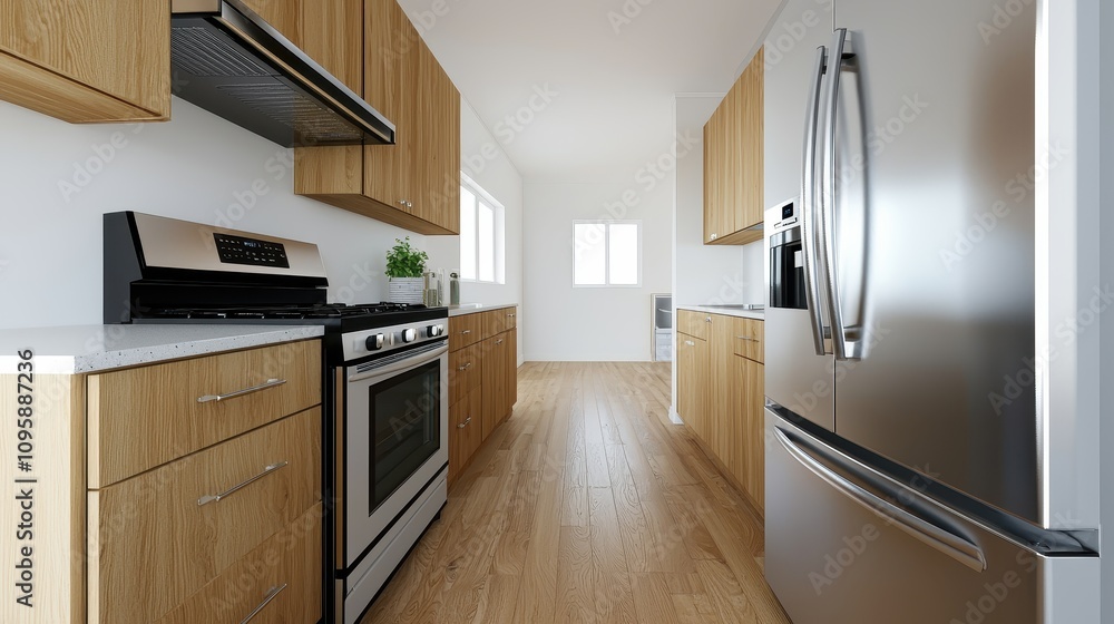 Fototapeta premium Modern kitchen design residential home interior photography bright atmosphere wide angle contemporary living