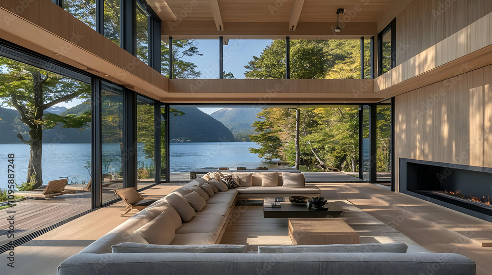 Fototapeta premium Modern Living Room with Lake View and Fireplace - Illustration