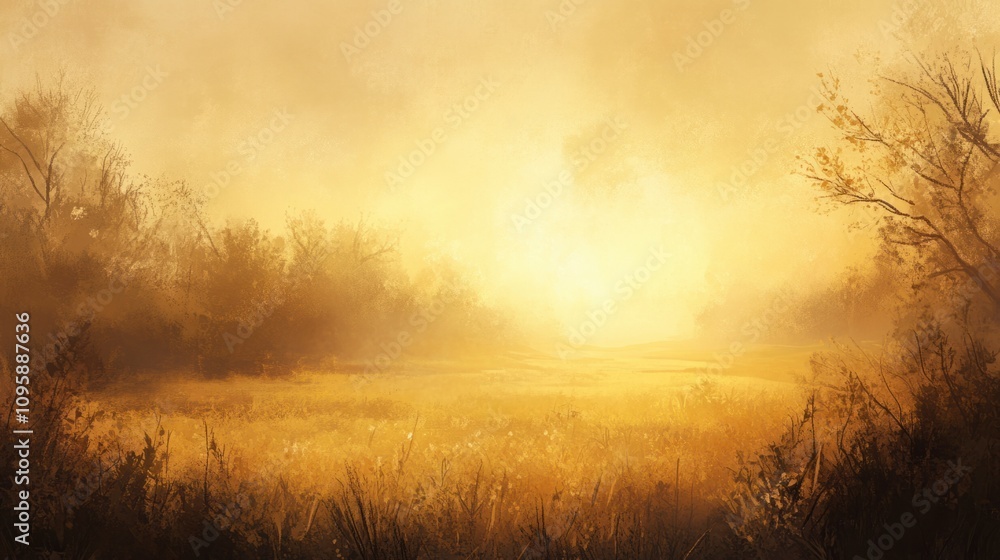 Fototapeta premium Golden sunrise sky over a misty field, with warm light breaking through the horizon