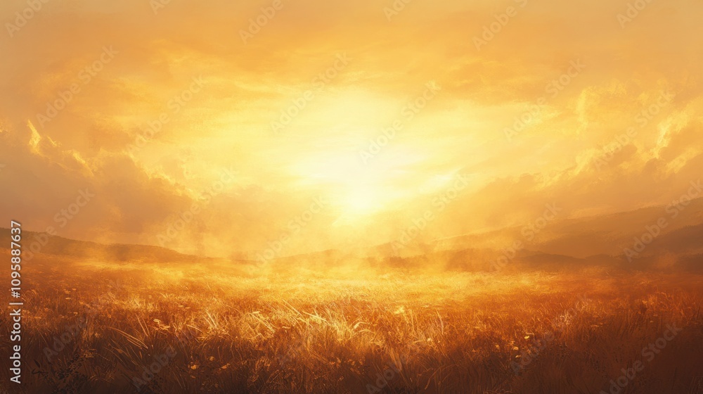 Golden sunrise sky over a misty field, with warm light breaking through the horizon Golden sunrise sky over a misty field, with warm light breaking through the horizon