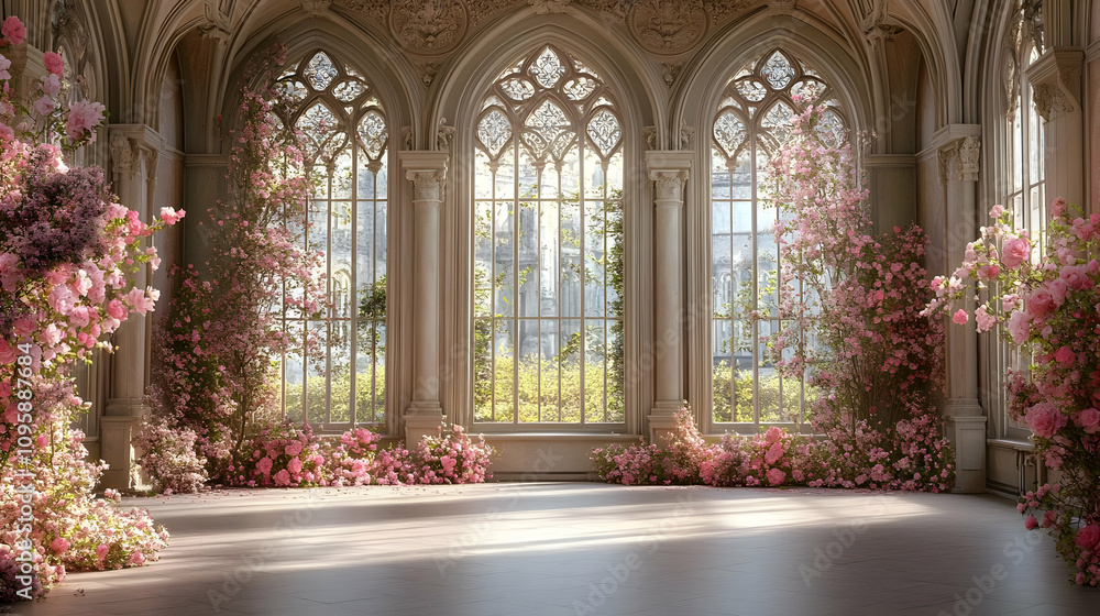 Sunlit Palace Room with Blooming Flowers Illustration Sunlit Palace Room with Blooming Flowers Illustration