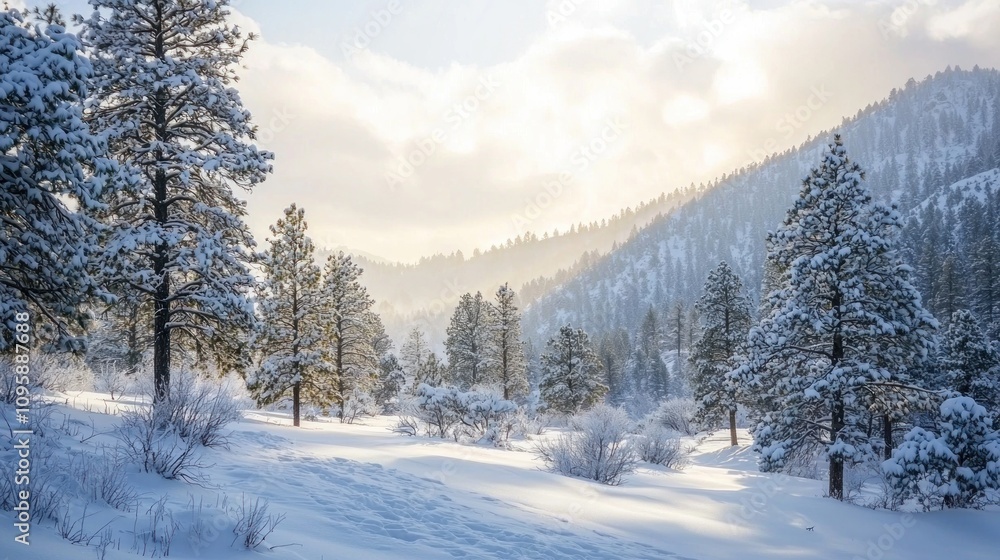A snowy wilderness scene with pine trees covered in frost and a serene landscape. A snowy wilderness scene with pine trees covered in frost and a serene landscape.