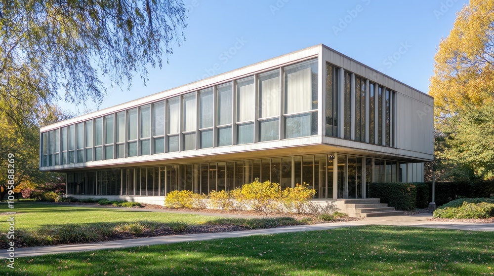 Modern Mid-Century Office Building with Landscape Modern Mid-Century Office Building with Landscape