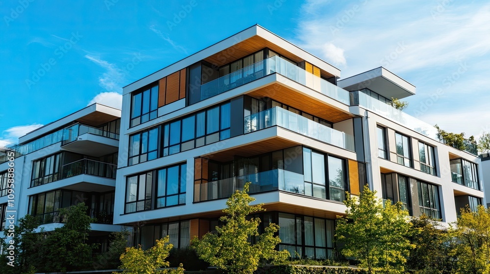 Modern Apartment Building with Large Glass Windows Modern Apartment Building with Large Glass Windows