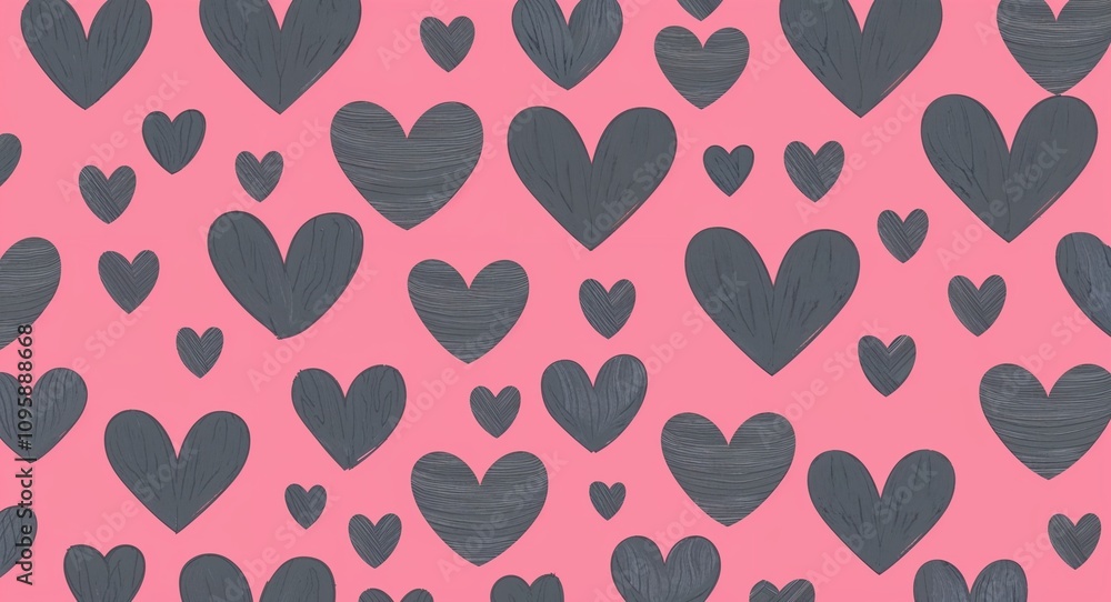 Fototapeta premium Gray Heart pattern hand drawn design on Pink background illustration