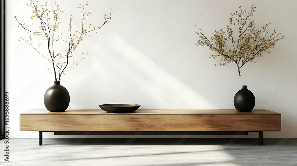 Minimalist Interior Design with Wooden Console Table and Black Vases - Illustration Minimalist Interior Design with Wooden Console Table and Black Vases - Illustration