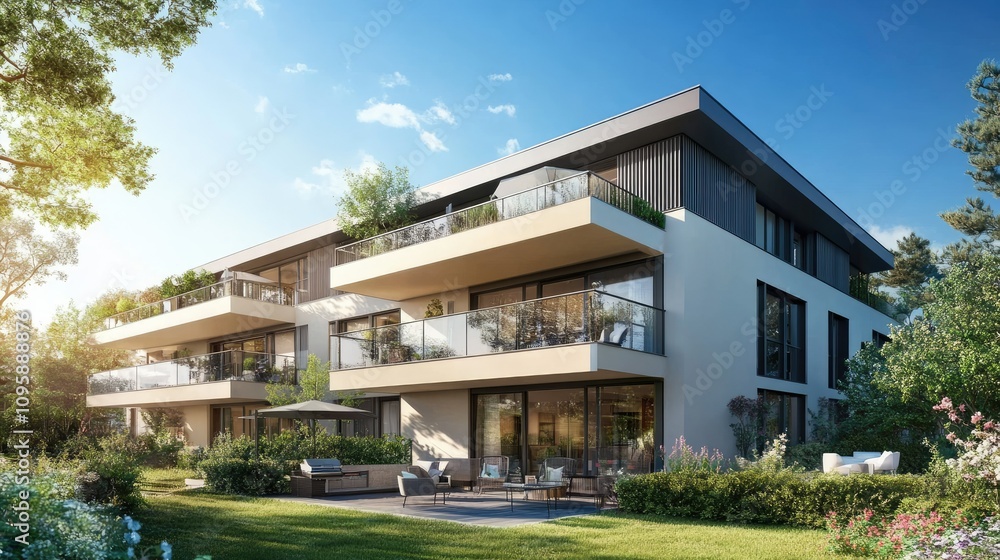 Modern Apartment Building with Balconies and Green Space Modern Apartment Building with Balconies and Green Space