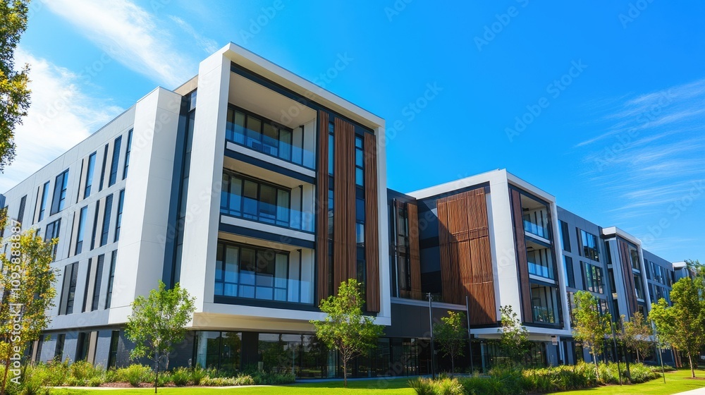 Modern Architectural Building with Clear Blue Sky Modern Architectural Building with Clear Blue Sky