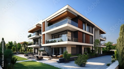 Modern Apartment Building with Balconies and Green Space