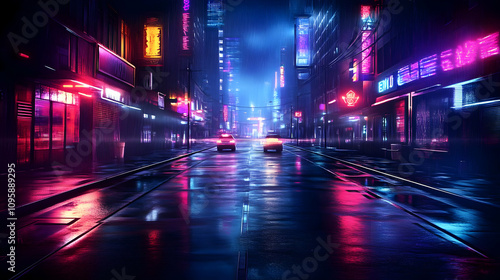 Cyberpunk City Street at Night - Illustration