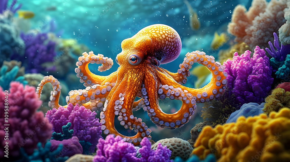 Obraz premium Octopus in Coral Reef Illustration