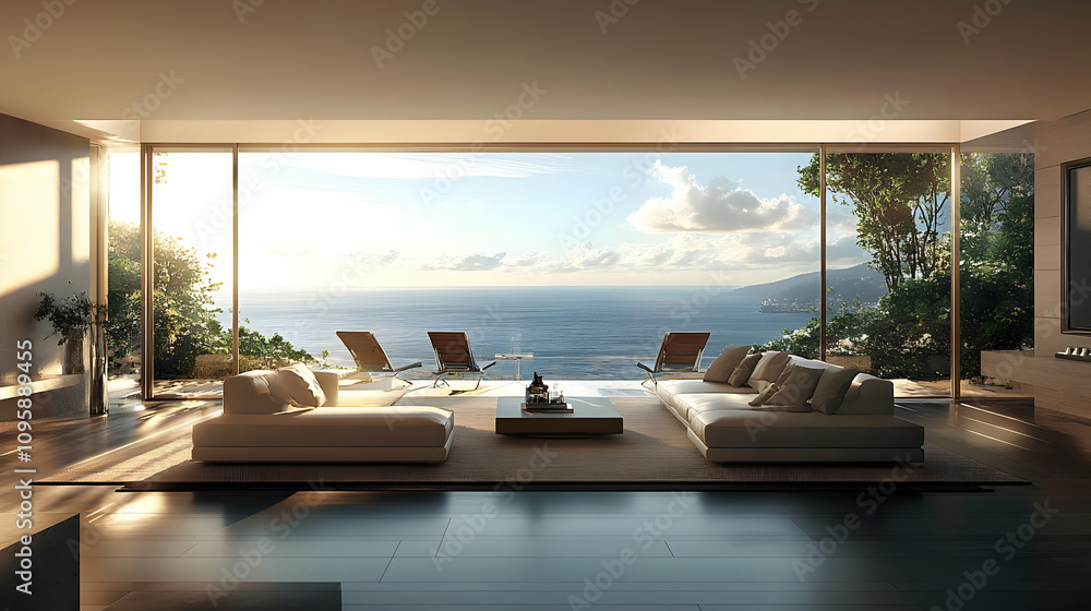 Fototapeta premium Modern Living Room with Ocean View 3D Illustration
