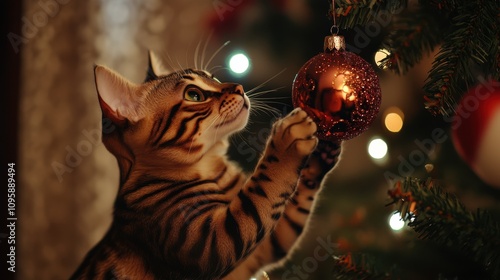 A Bengal cat playfully batting at a Christmas ornament hanging from the tree, with soft holiday lights in the background, copy space, Merry Christmas background, festive playfulness photo