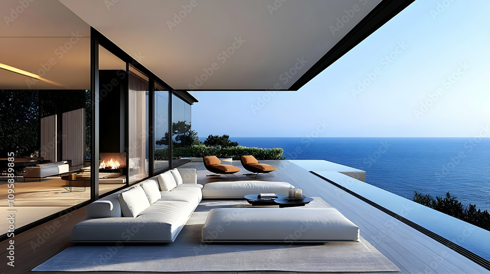 Modern Patio with Infinity Pool and Ocean View - 3D Illustration Modern Patio with Infinity Pool and Ocean View - 3D Illustration