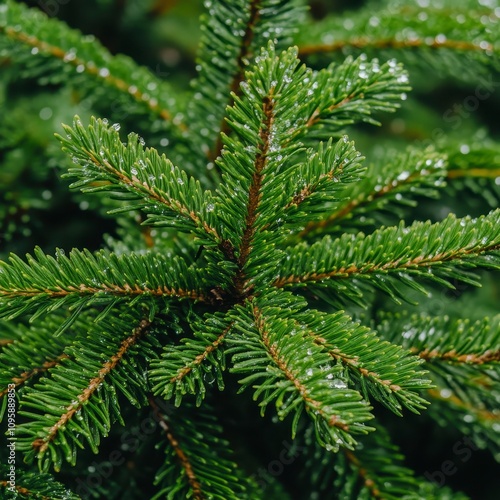 Close-up of lush green pine tree branches with water droplets.