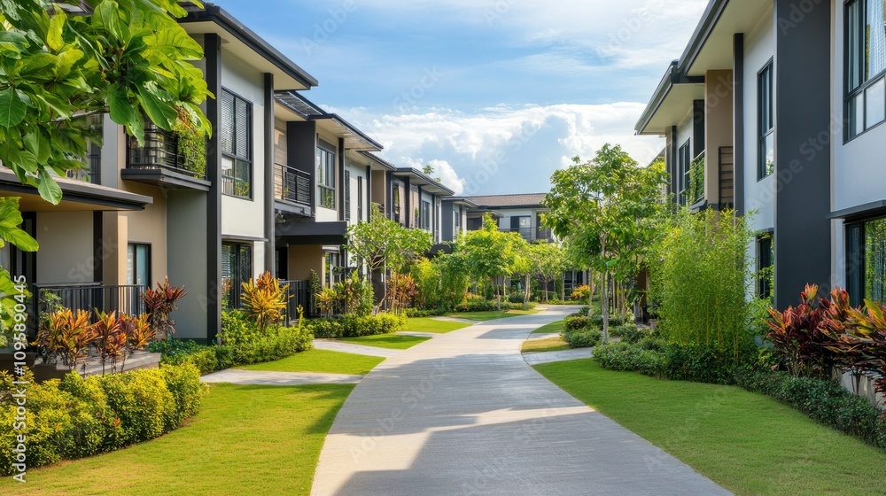 Modern Apartment Complex Gardens and Pathways Modern Apartment Complex Gardens and Pathways