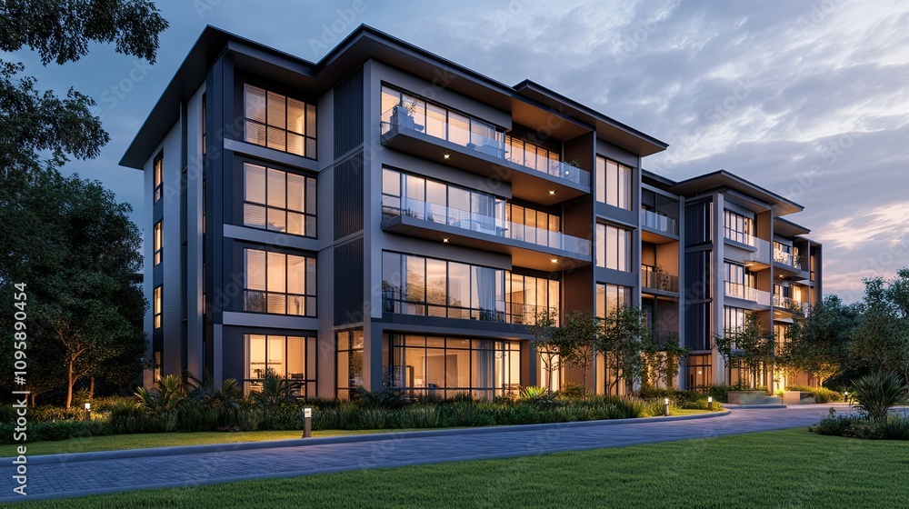 Modern Apartment Building at Dusk Modern Apartment Building at Dusk