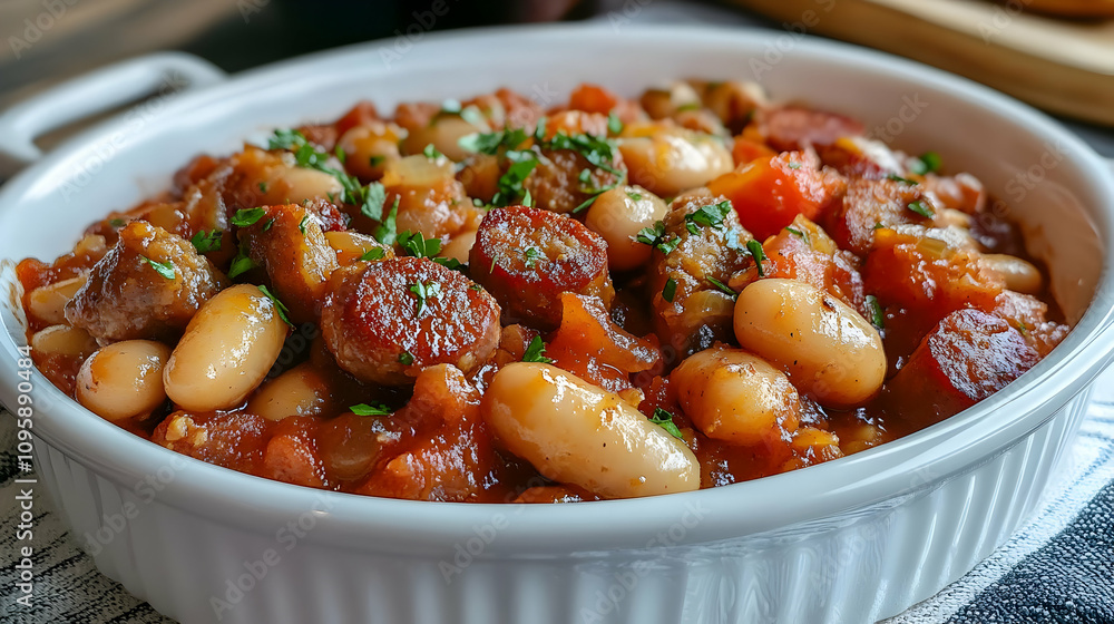 Close-up Photo of White Beans and Sausage Stew in a White Bowl Close-up Photo of White Beans and Sausage Stew in a White Bowl