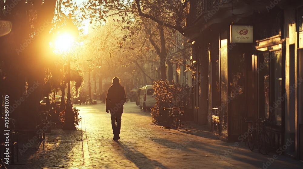 A tired person walking down a quiet street in the early morning, sipping coffee as the sun rises. A tired person walking down a quiet street in the early morning, sipping coffee as the sun rises.
