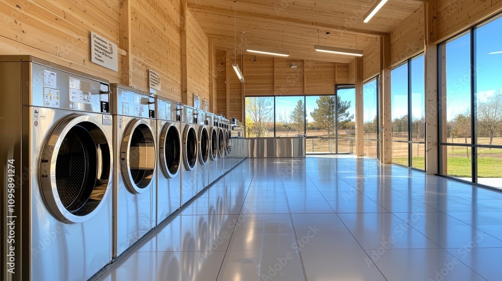 Hostel laundry room, accessible design, clear signage in various languages, front and top washers Hostel laundry room, accessible design, clear signage in various languages, front and top washers