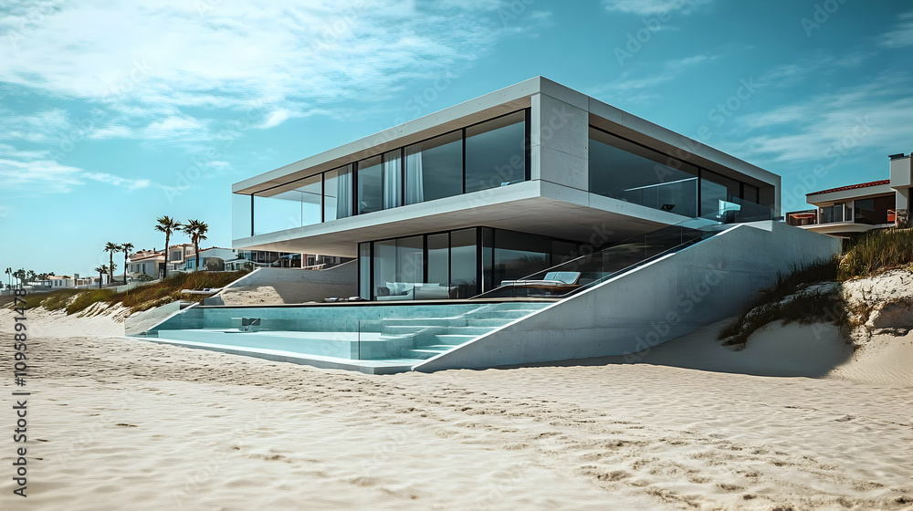 Fototapeta premium Modern Beach House with Infinity Pool - 3D Illustration
