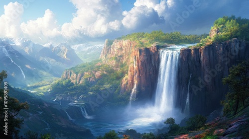 A serene landscape featuring a majestic waterfall surrounded by lush greenery and mountains.