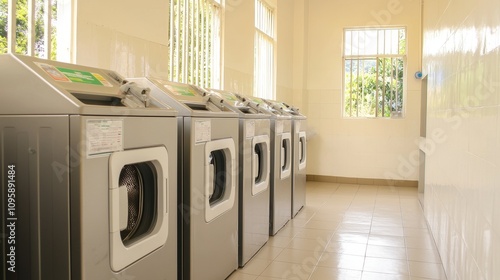 Hostel laundry room, eco-friendly detergent station, water-saving machines