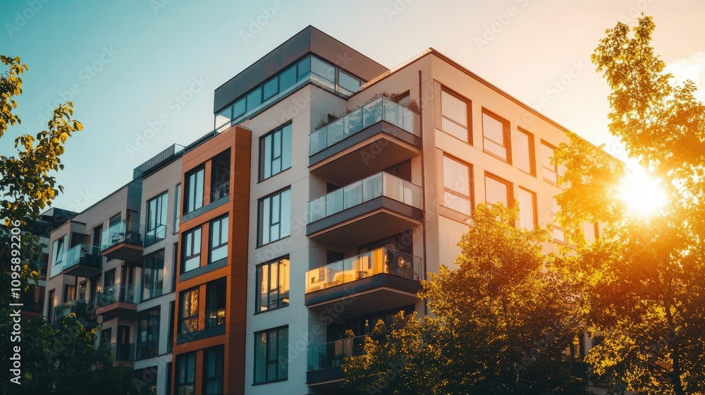 Naklejka premium Modern Stunning Apartment Complex at Sunset