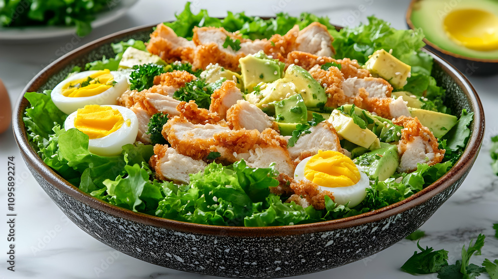 Fried Chicken, Avocado, and Egg Salad Bowl - Realistic Image Fried Chicken, Avocado, and Egg Salad Bowl - Realistic Image