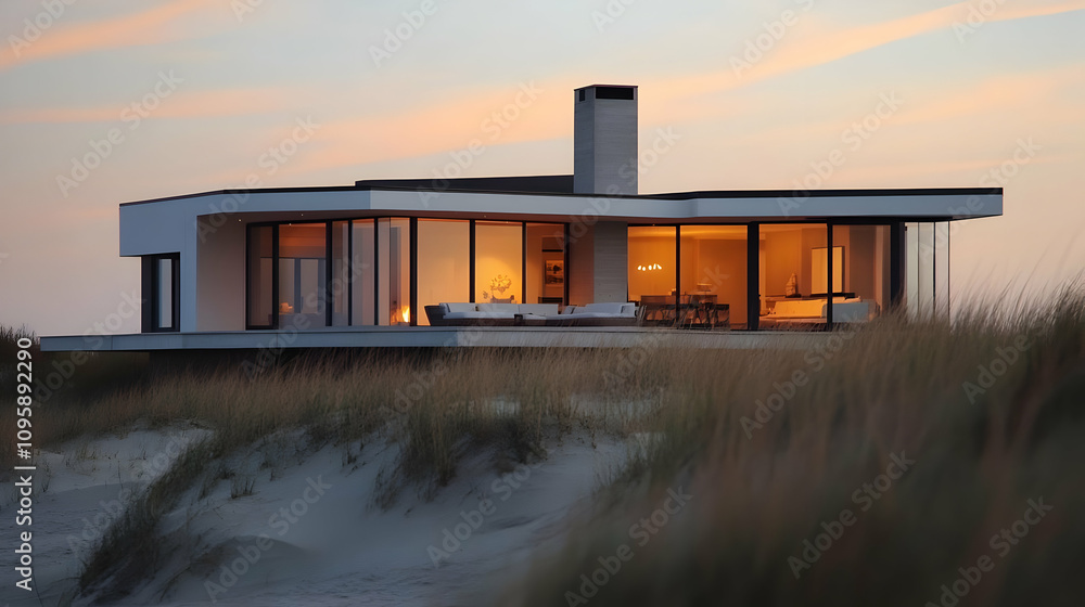 Modern Beach House with Sunset View - Illustration Modern Beach House with Sunset View - Illustration