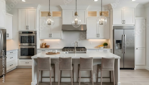A modern and elegant kitchen with a large marble-topped island, pendant lighting, and stainless steel appliances