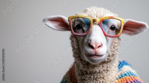 A quirky sheep with colorful sunglasses and a patterned sweater exudes personality and flair in this playful, imaginative portrait. photo