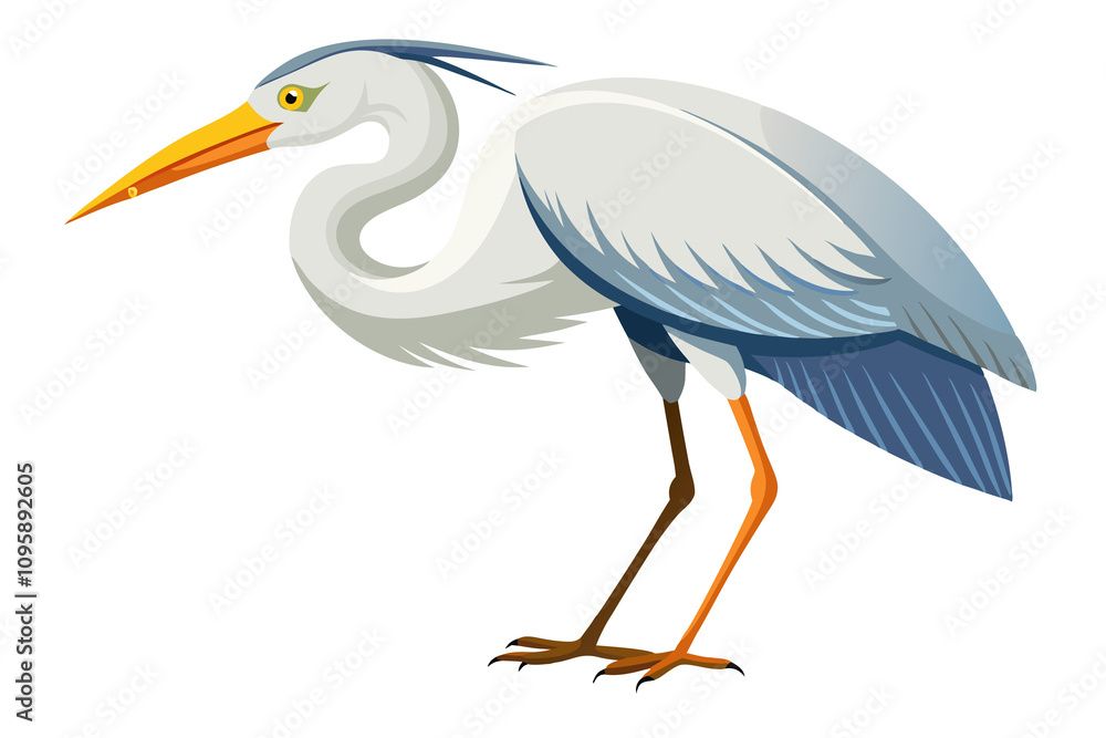 Great egret, Blue Heron on tree branch isolated on white background. Heron bird, marsh fauna. Wild egret with long yellow beak and legs. Gray feathered stork. Design elements for prints. Great egret, Blue Heron on tree branch isolated on white background. Heron bird, marsh fauna. Wild egret with long yellow beak and legs. Gray feathered stork. Design elements for prints.