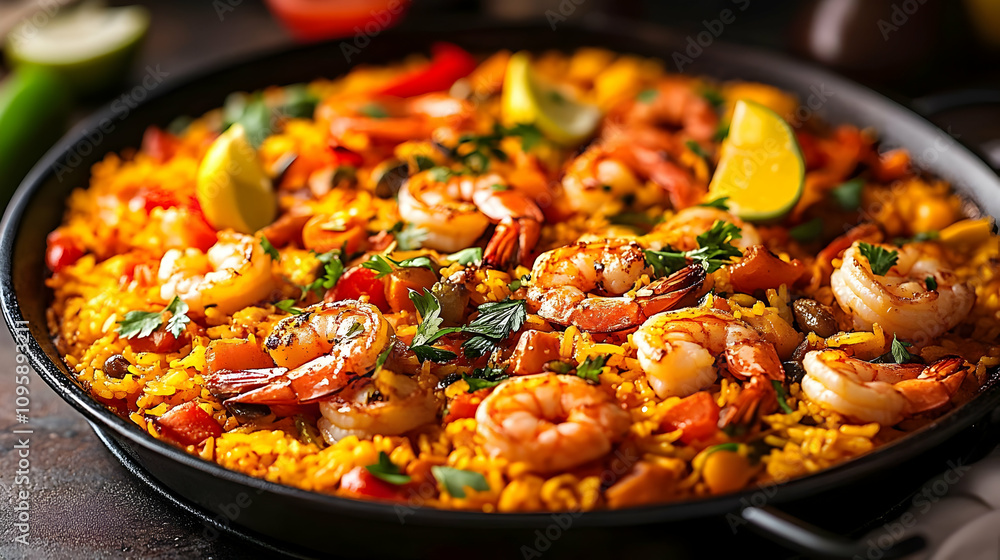 Seafood Paella in Black Skillet - Realistic Food Photo Seafood Paella in Black Skillet - Realistic Food Photo
