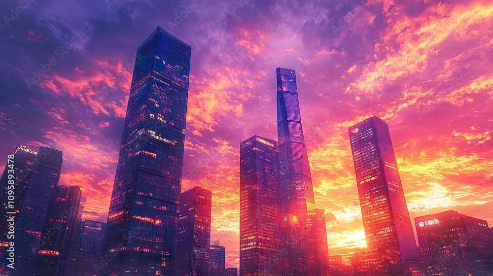 Fototapeta premium Vibrant Sunset Over Lujiazui in Shanghai