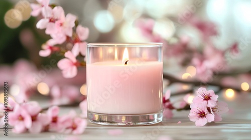 aroma candles with sakura scent，background is full of flowers, aroma candles wallpaper